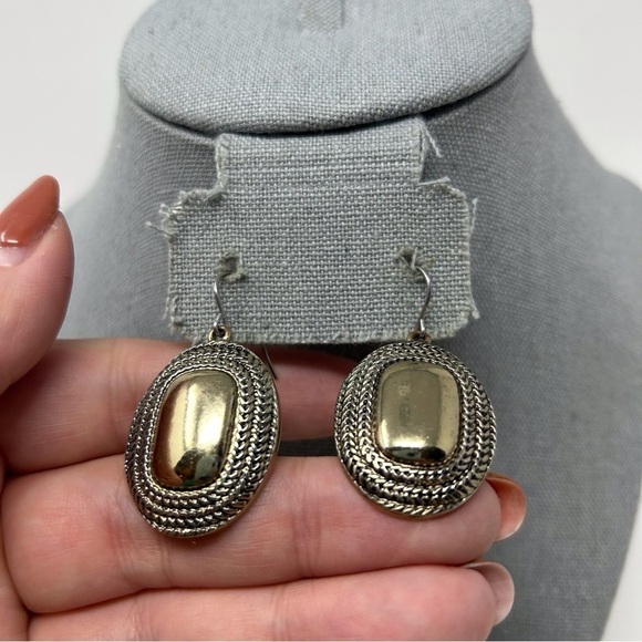 Vintage Monet Silver Tone Round Rectangle Braided Design Dangle Earrings - Picture 3 of 9